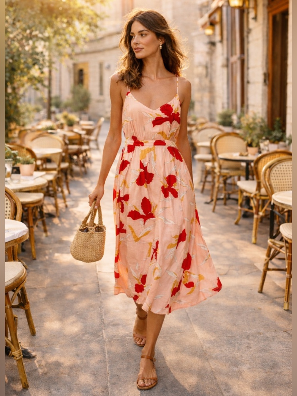 FRNCH Paris Floral Apron Midi Dress Open Back Crisscross Straps, Size S